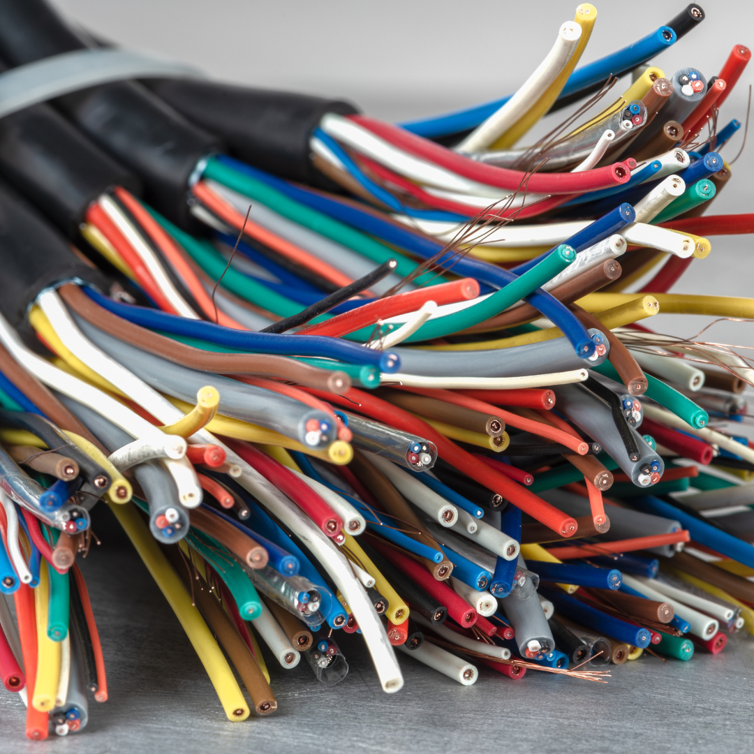 A bundle of multicolored electrical wires.