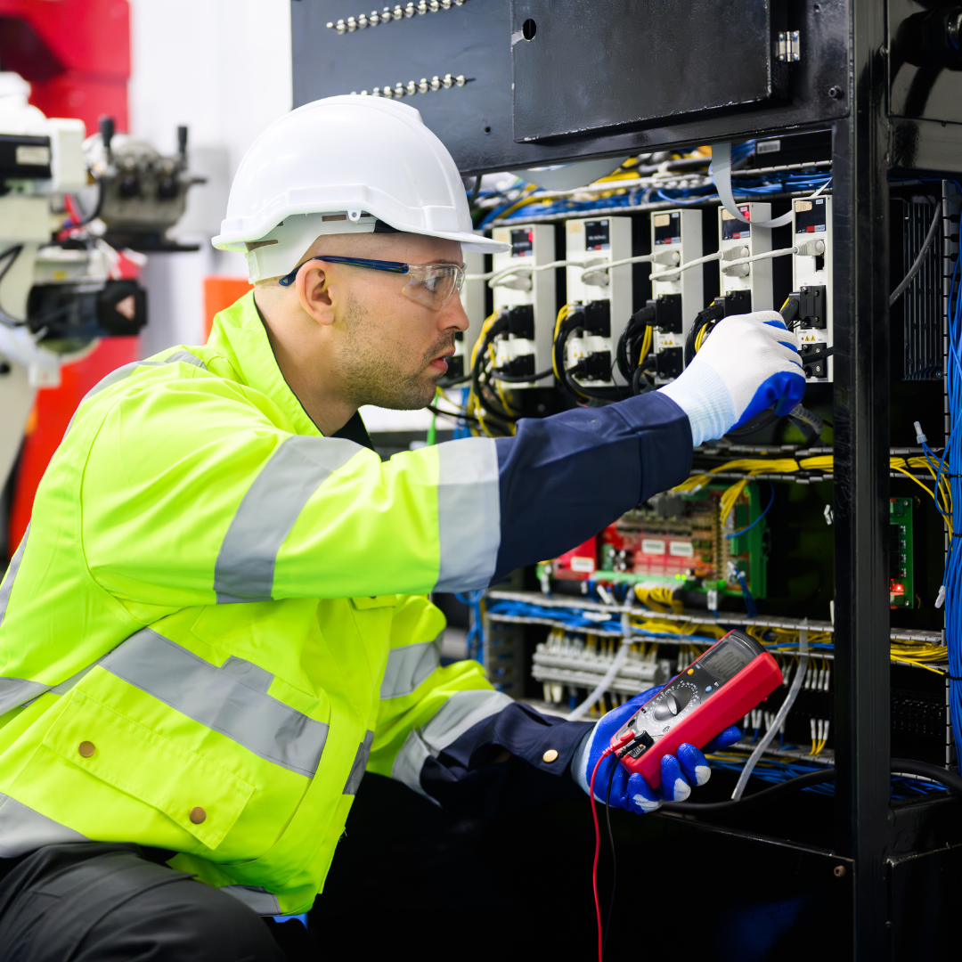 An industrial electrician working on a machine control panel.