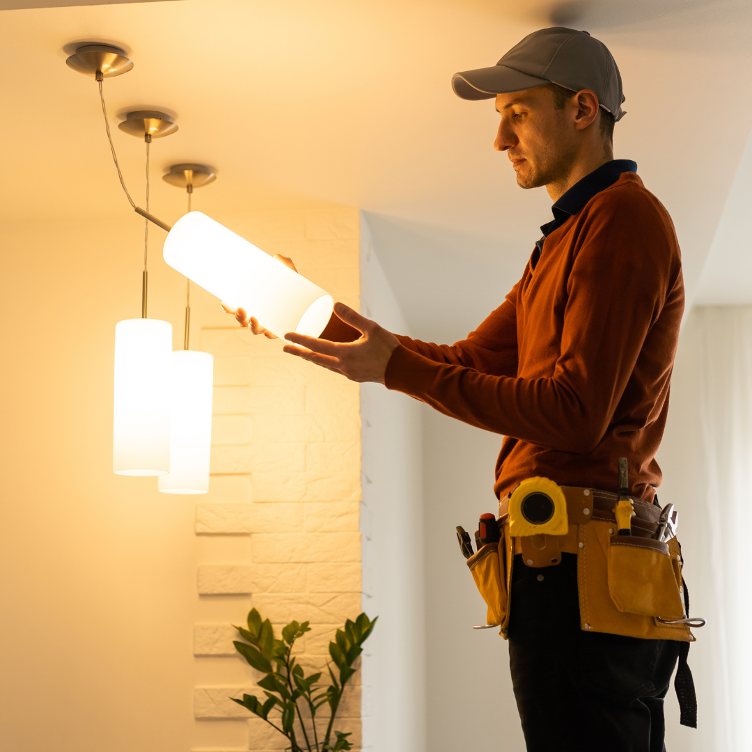 A professional adjusting modern ceiling lighting.